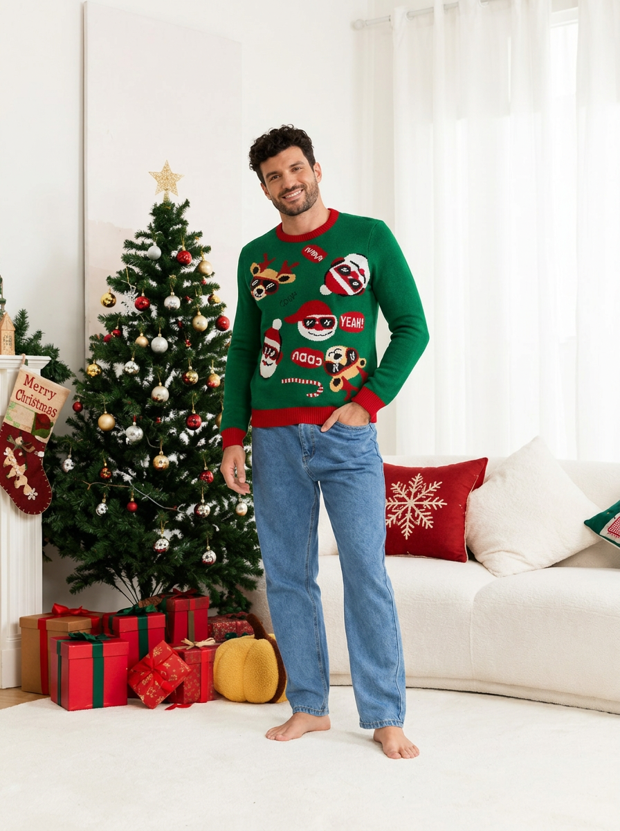 Matching Family Christmas Jumper Santa Reindeer Print Crew Neck Green — view 4 of 4