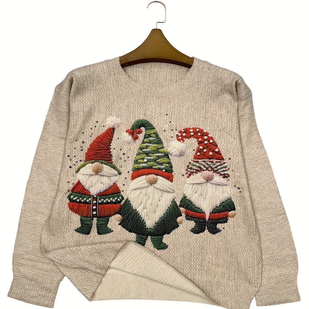 Christmas Jumper Women's Beige Embroidered Gnome Knit Crew Neck