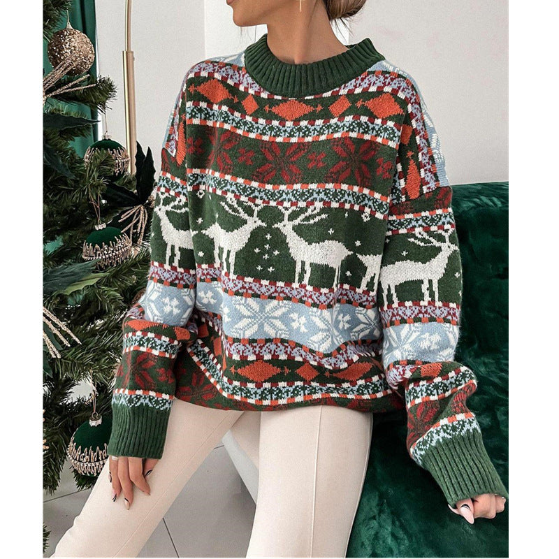 Christmas Jumper Women's Fair Isle Reindeer Snowflake Crew Neck