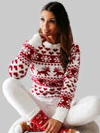 Christmas Jumper Women's Red White Heart Reindeer Pattern Crew Neck