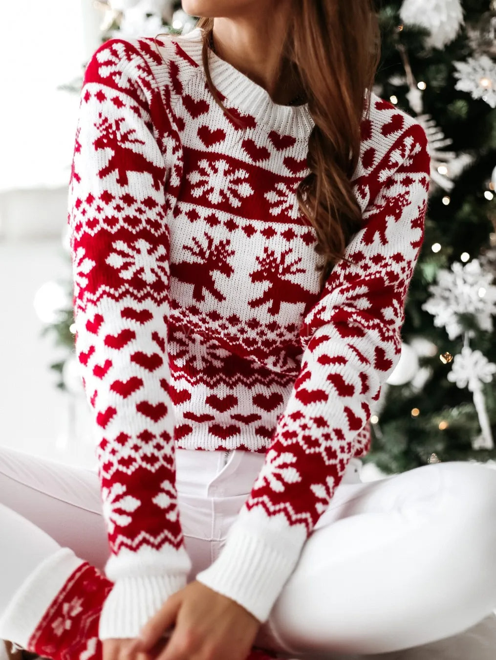 Christmas Jumper Women's Red White Heart Reindeer Pattern Crew Neck — view 4 of 6
