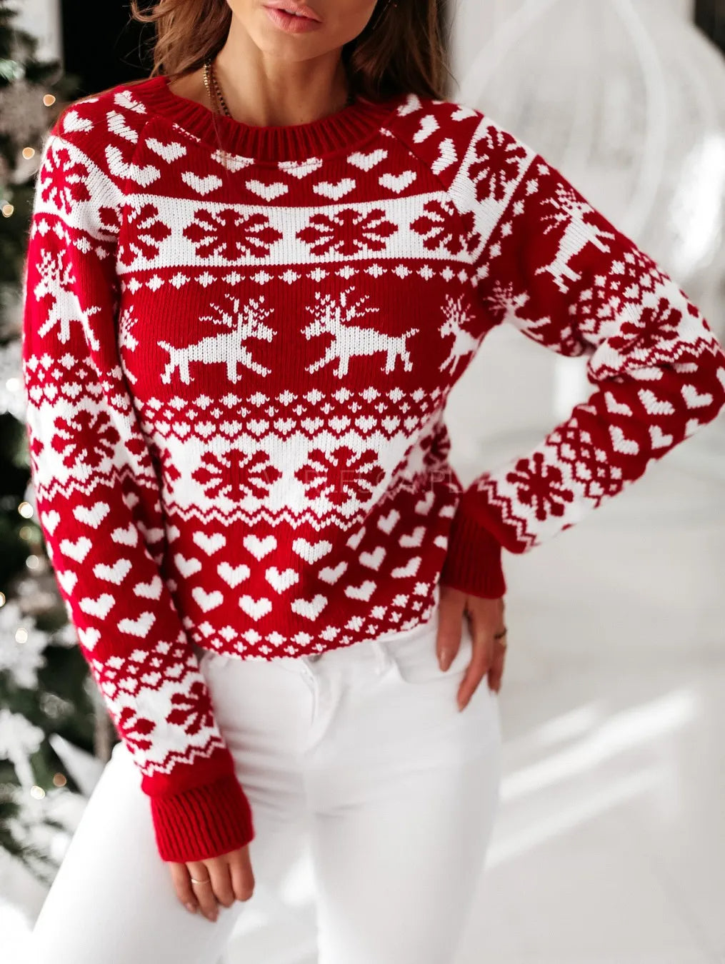 Christmas Jumper Women's Red White Heart Reindeer Pattern Crew Neck — view 5 of 6