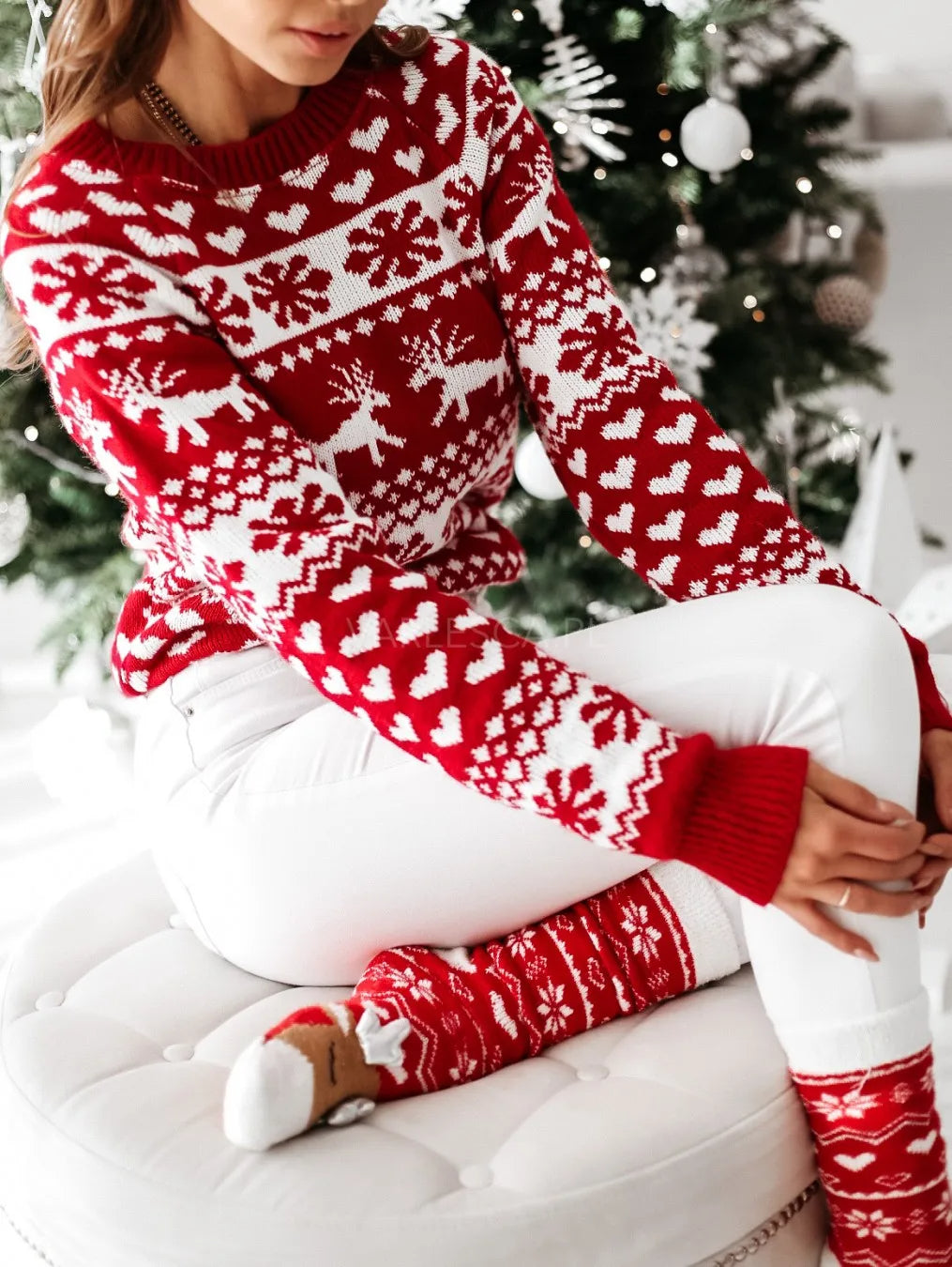 Christmas Jumper Women's Red White Heart Reindeer Pattern Crew Neck — view 6 of 6