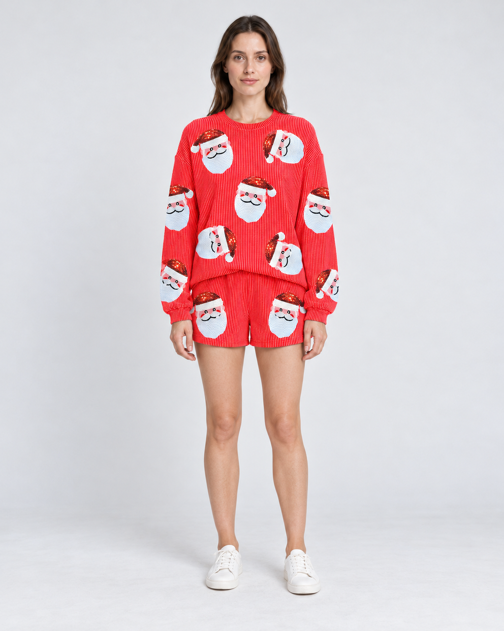 Christmas Pyjamas Women's Sequin Santa Print Pullover And Shorts Set