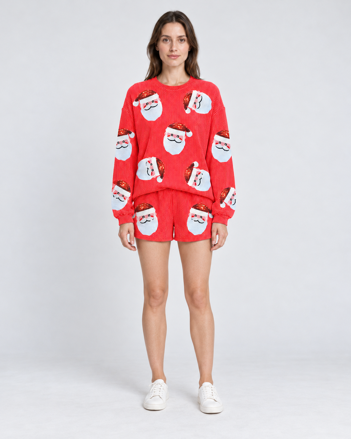 Christmas Pyjamas Women's Sequin Santa Print Pullover And Shorts Set