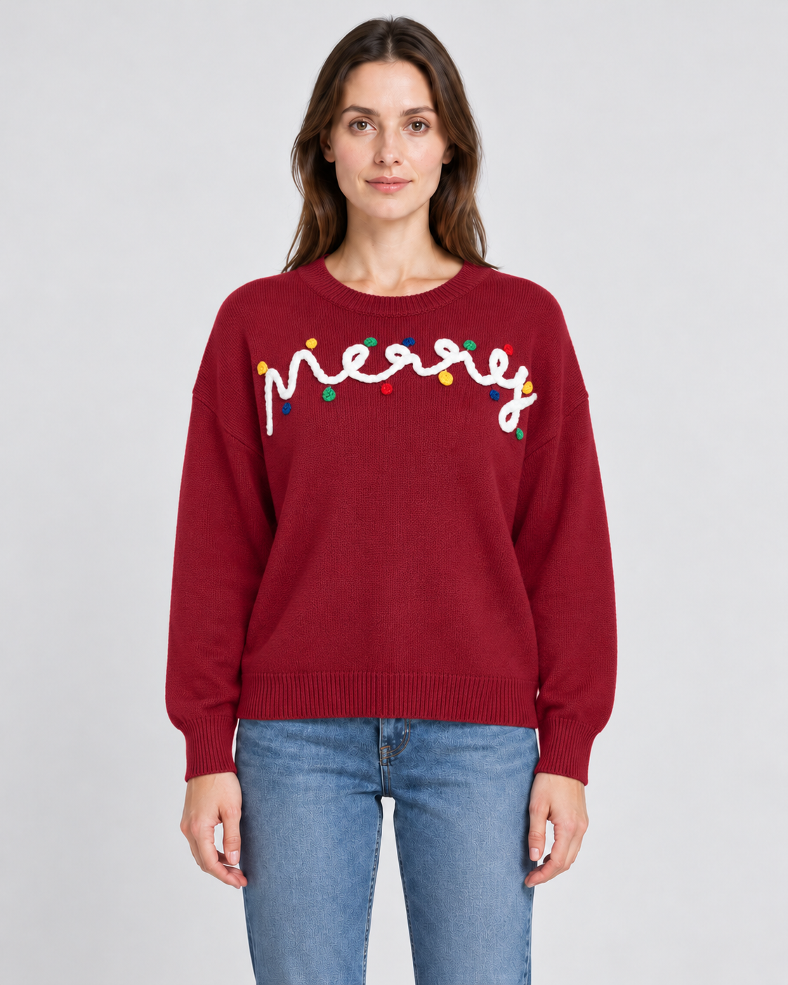 Womens Christmas Jumper Knitted Slogan Crew Neck Pom Pom Long Sleeve