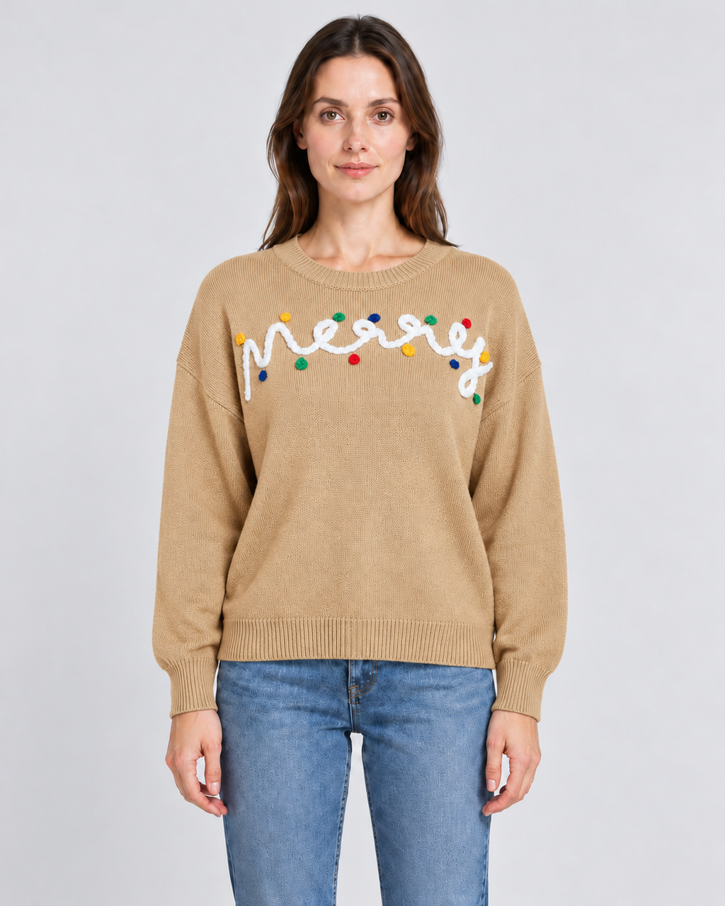 Womens Christmas Jumper Knitted Slogan Crew Neck Pom Pom Long Sleeve — view 3 of 5