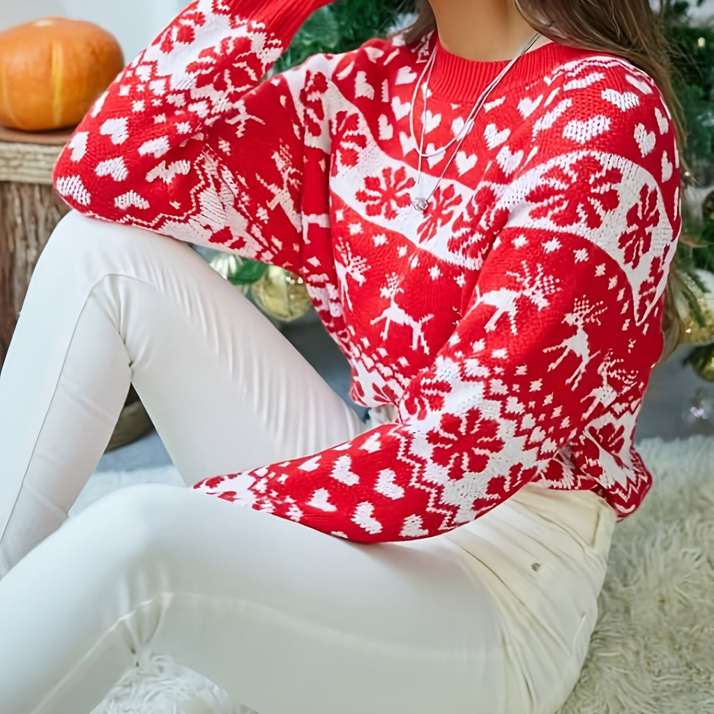 Womens Fair Isle Christmas Jumper Knitted Crew Neck Red White Cropped