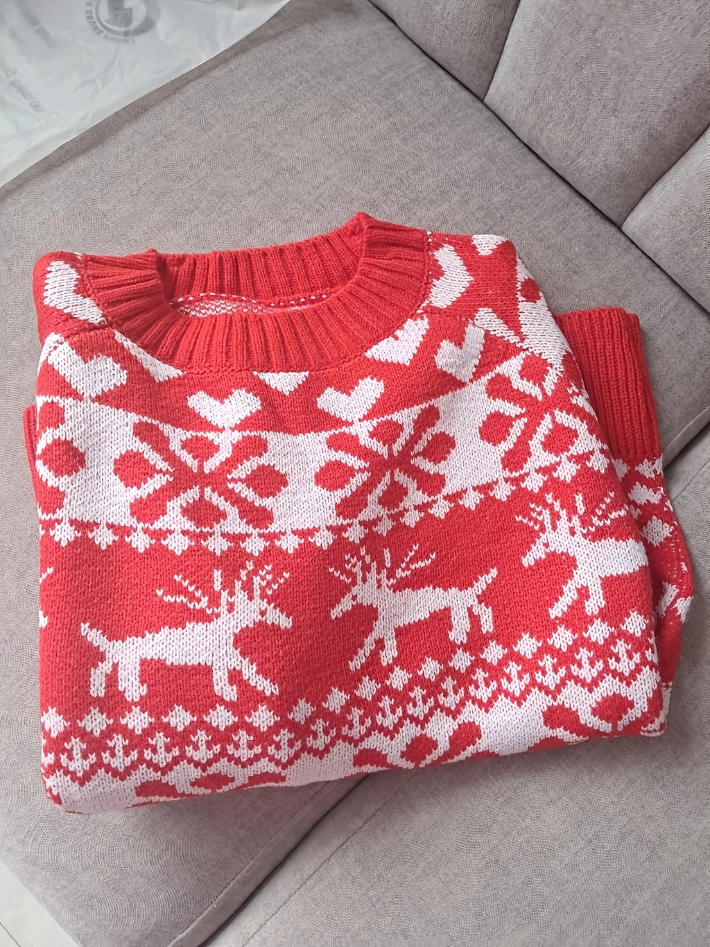 Womens Fair Isle Christmas Jumper Knitted Crew Neck Red White Cropped — view 6 of 6