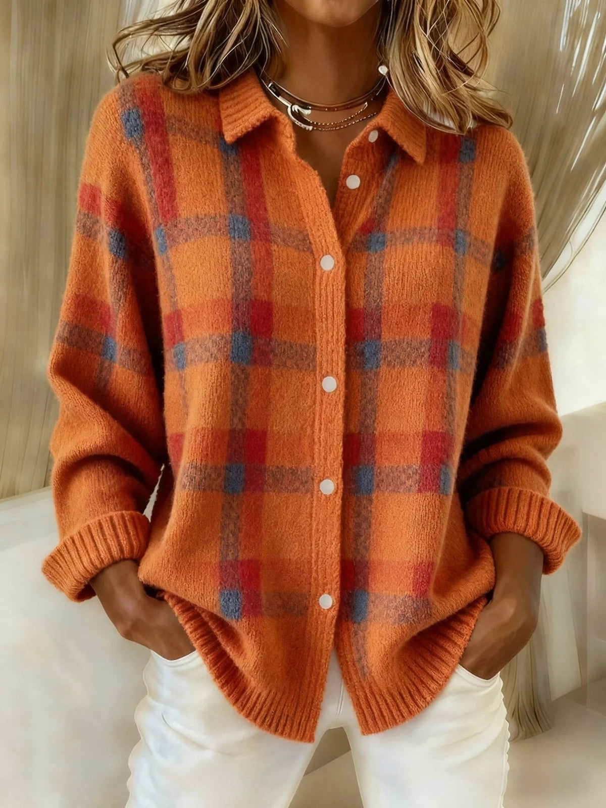 Coretta - Checked Knit Sweater For Everyday Wear