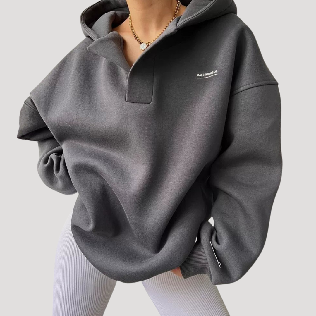 Halvora - Oversized Button Neck Hooded Sweater — view 2 of 3