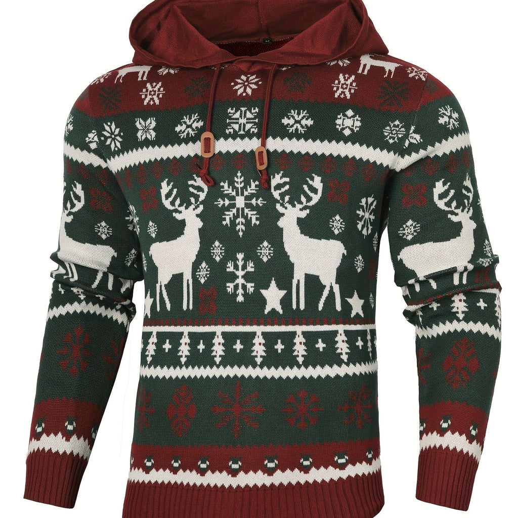 Mens Fair Isle Christmas Jumper Hooded Knitted Reindeer Snowflake