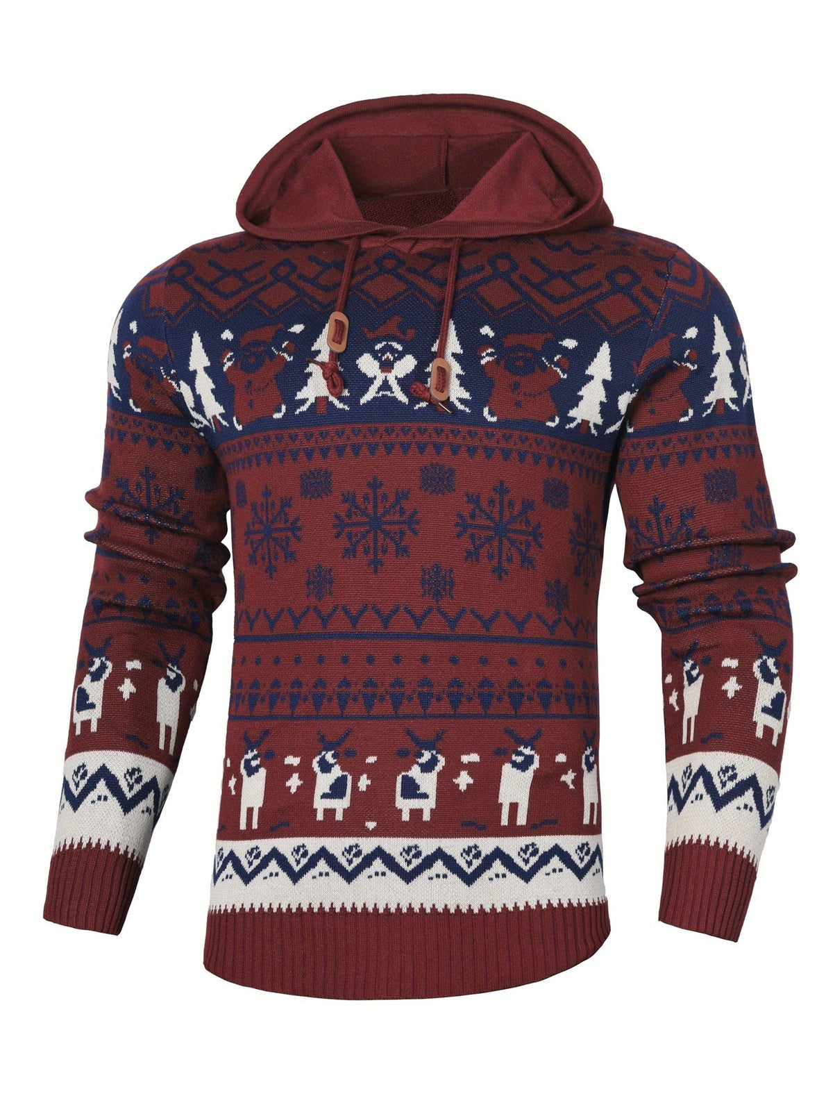 Mens Fair Isle Christmas Jumper Hooded Knitted Reindeer Snowflake — view 9 of 10