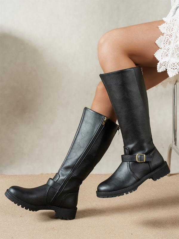Ladies Knee High Boots Buckle Strap Lug Sole Flat Heel Side Zip — view 3 of 3