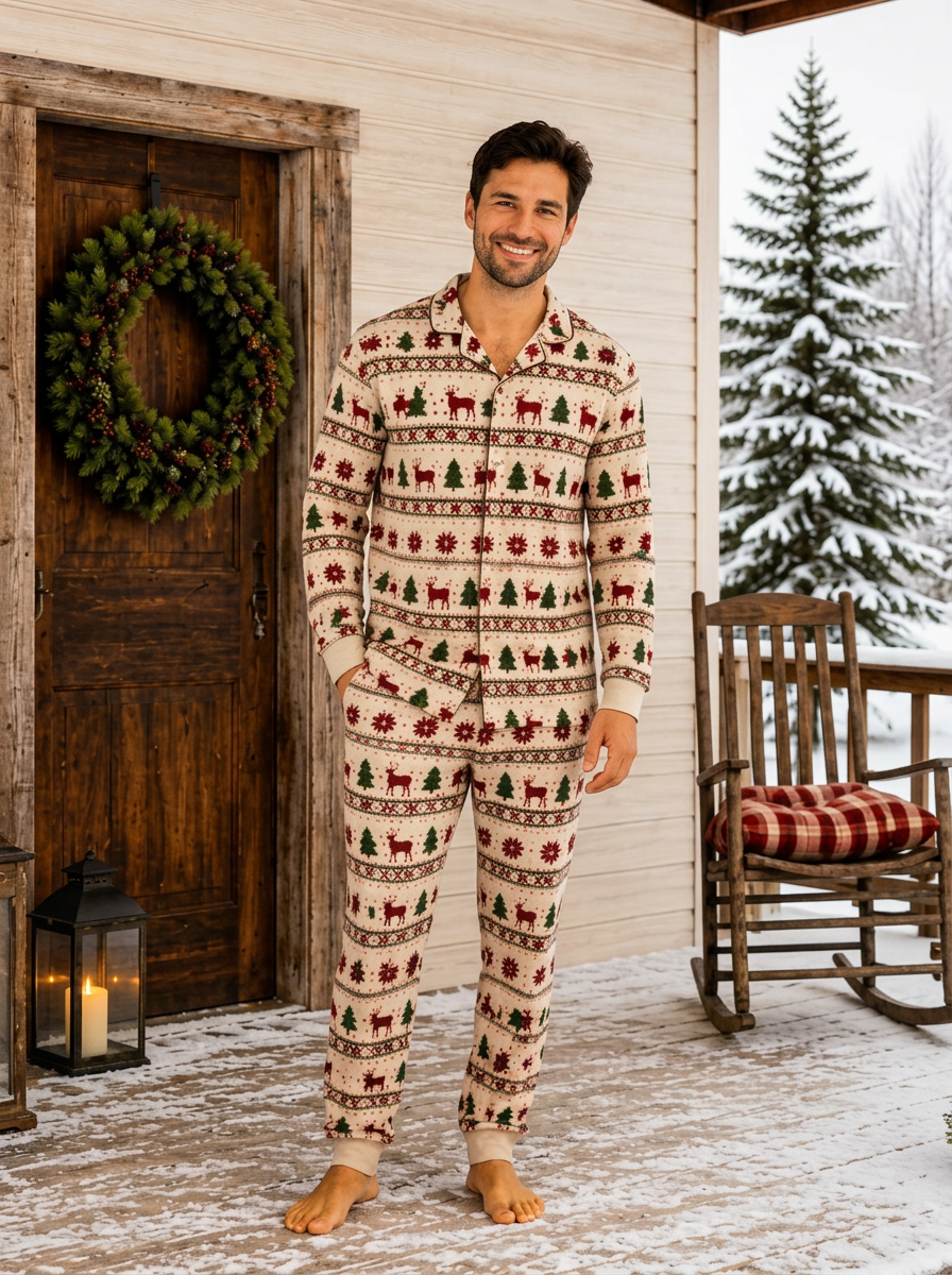 Matching Family Christmas Pyjamas Reindeer Print Long Sleeve Cream Set