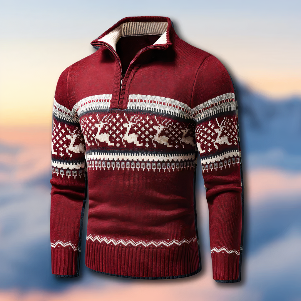 Mens Christmas Jumper Quarter Zip Nordic Reindeer Snowflake Knitted — view 3 of 4