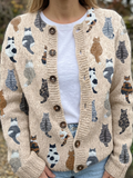 Purrletta - Illustrated Cat Knit Cardigan Cold Weather Layering