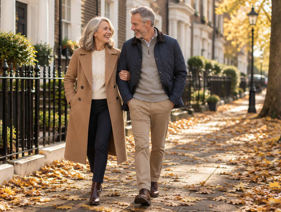 Smiling couple in their fifties walking through London in autumn coats and knitwear