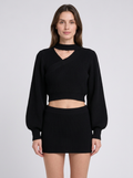 Womens Christmas Jumper Choker Neck Wrap Cropped Puff Sleeve Ribbed Knit