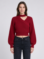 Womens Christmas Jumper Choker Neck Wrap Cropped Puff Sleeve Ribbed Knit — view 2 of 5