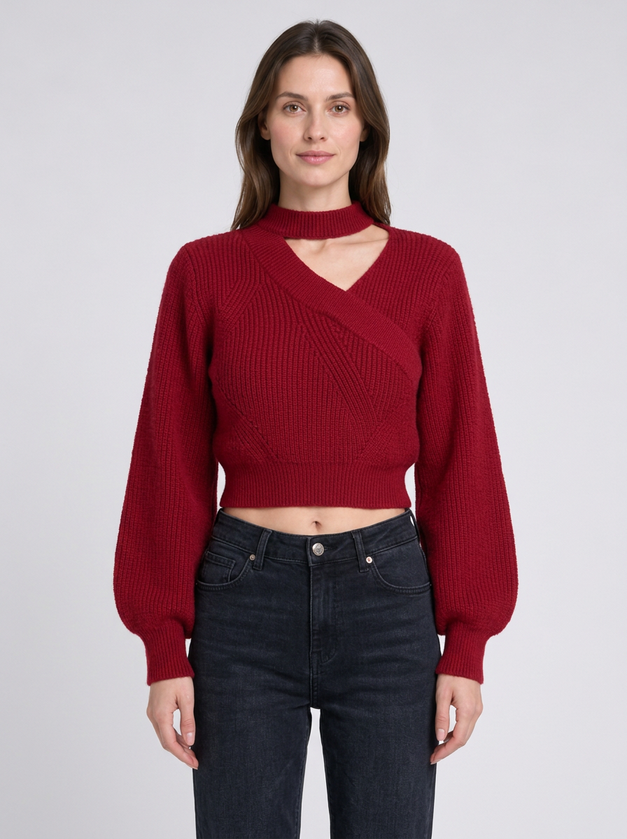 Womens Christmas Jumper Choker Neck Wrap Cropped Puff Sleeve Ribbed Knit — view 2 of 5