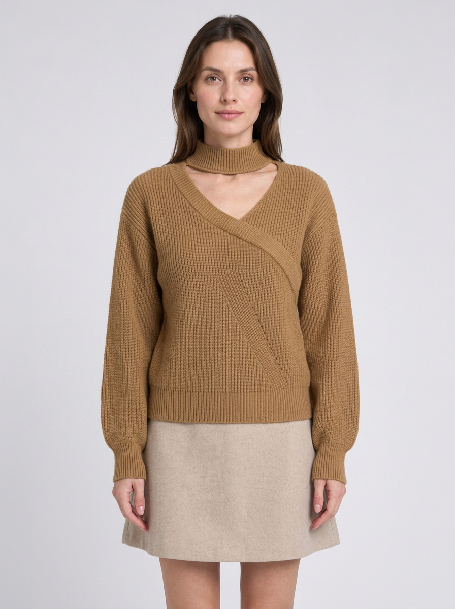 Womens Christmas Jumper Choker Neck Wrap Cropped Puff Sleeve Ribbed Knit — view 3 of 5