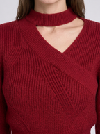 Womens Christmas Jumper Choker Neck Wrap Cropped Puff Sleeve Ribbed Knit — view 4 of 5
