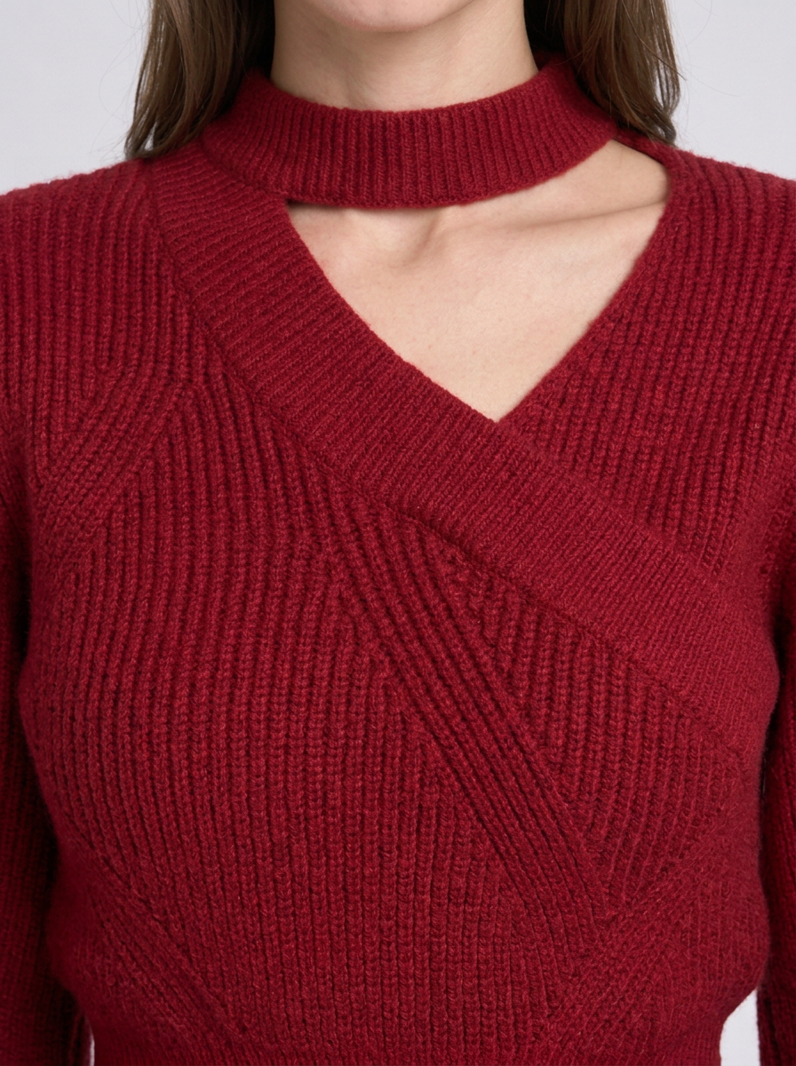 Womens Christmas Jumper Choker Neck Wrap Cropped Puff Sleeve Ribbed Knit — view 4 of 5