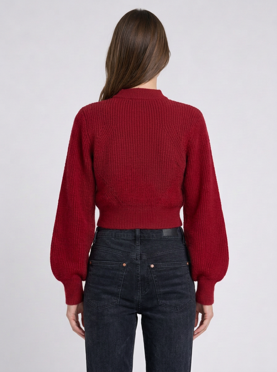 Womens Christmas Jumper Choker Neck Wrap Cropped Puff Sleeve Ribbed Knit — view 5 of 5