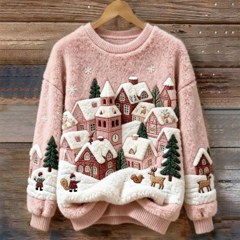 Womens Christmas Jumper Crew Neck Embroidered Village Scene Fluffy Trim