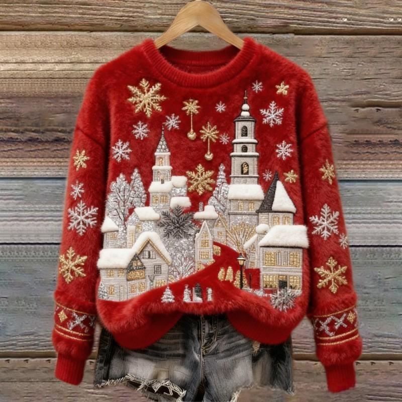 Womens Christmas Jumper Crew Neck Embroidered Village Scene Fluffy Trim — view 2 of 5