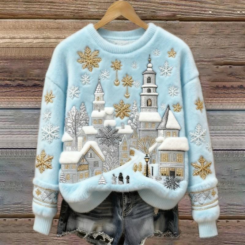 Womens Christmas Jumper Crew Neck Embroidered Village Scene Fluffy Trim — view 3 of 5