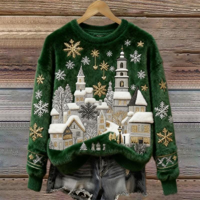 Womens Christmas Jumper Crew Neck Embroidered Village Scene Fluffy Trim — view 4 of 5