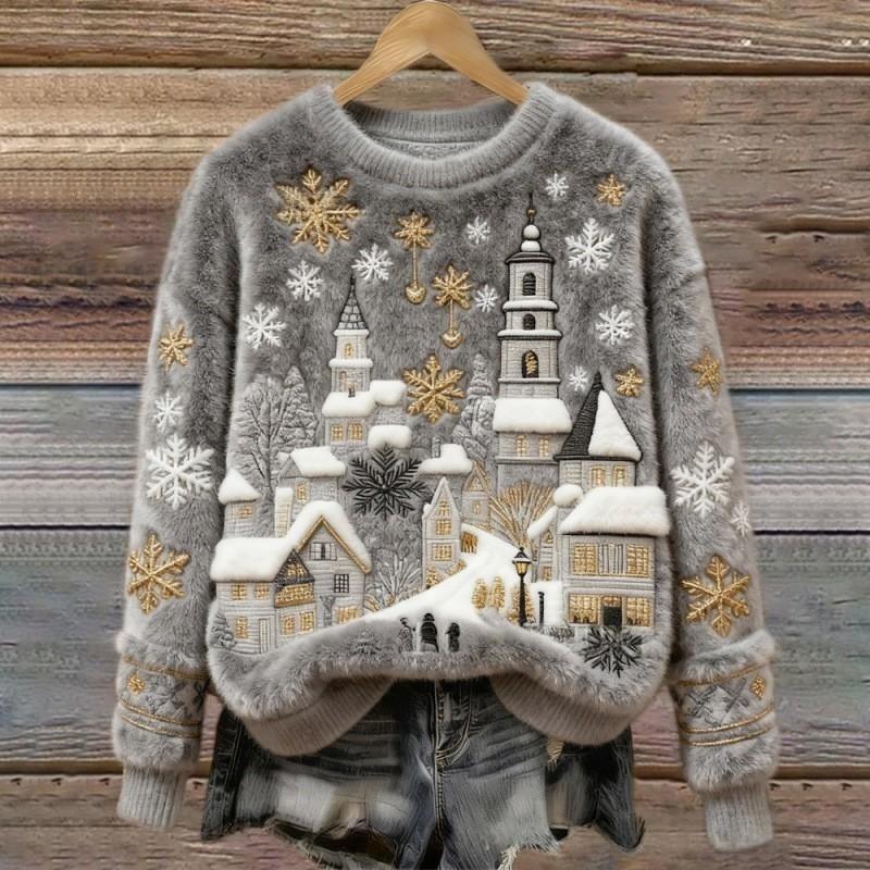 Womens Christmas Jumper Crew Neck Embroidered Village Scene Fluffy Trim — view 5 of 5