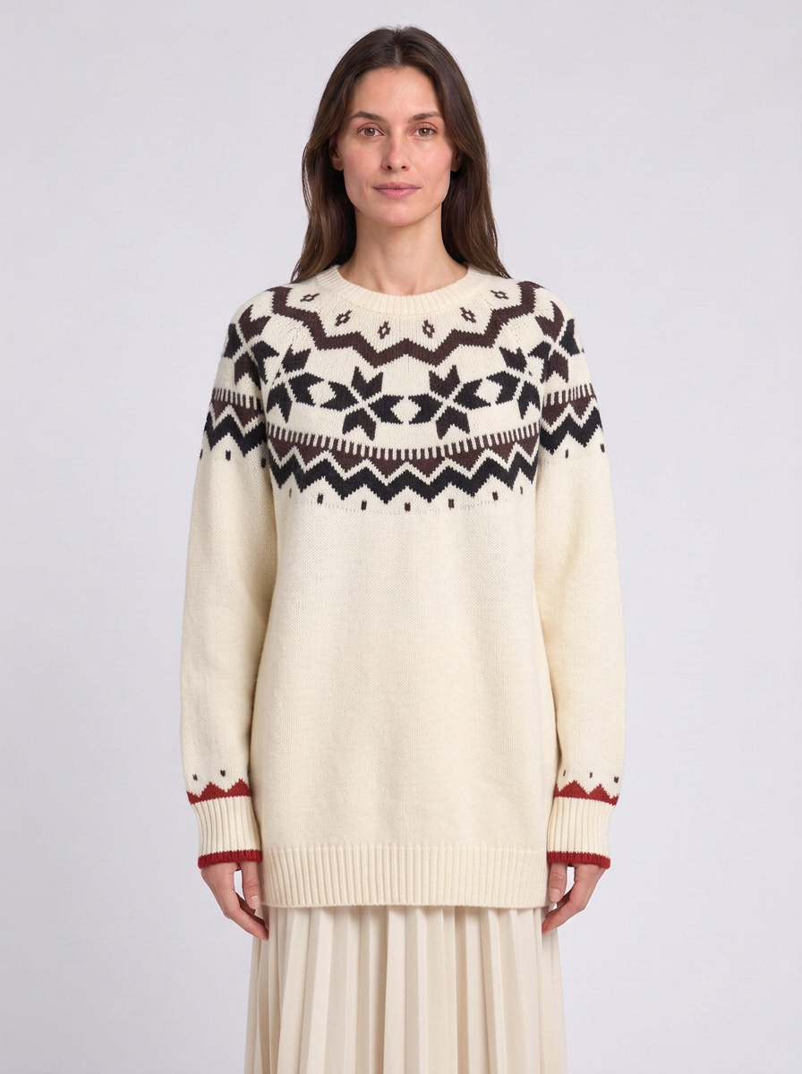 Womens Fair Isle Christmas Jumper Knitted Geometric Pattern Crew Neck
