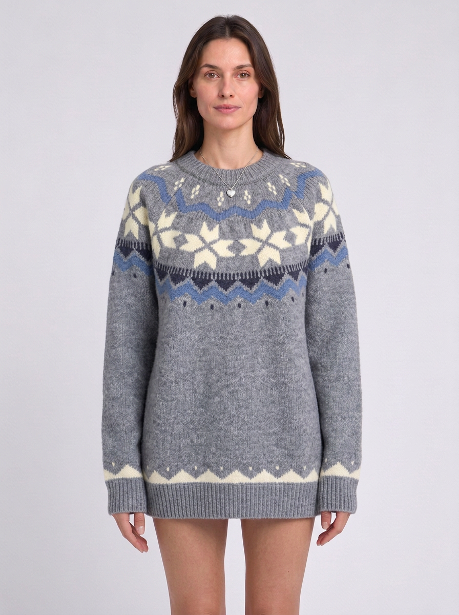 Womens Fair Isle Christmas Jumper Knitted Geometric Pattern Crew Neck — view 2 of 4