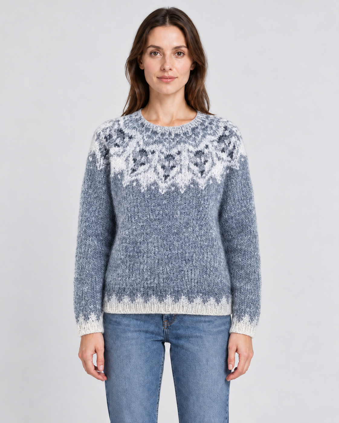 Womens Fair Isle Christmas Jumper Snowflake Yoke Grey Knitted Crew Neck