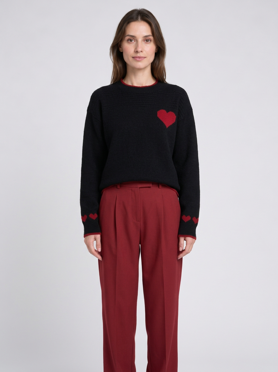 Womens Christmas Jumper Heart Print Crew Neck Long Sleeve Ribbed Cuffs