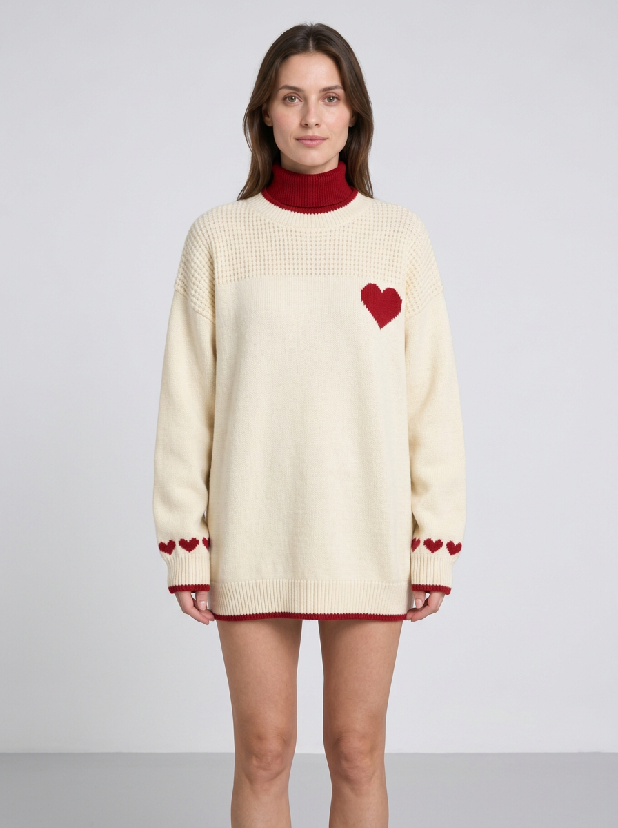 Womens Christmas Jumper Heart Print Crew Neck Long Sleeve Ribbed Cuffs — view 2 of 5