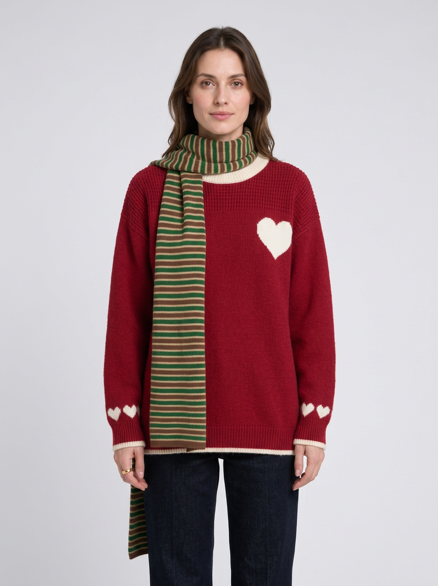 Womens Christmas Jumper Heart Print Crew Neck Long Sleeve Ribbed Cuffs — view 3 of 5
