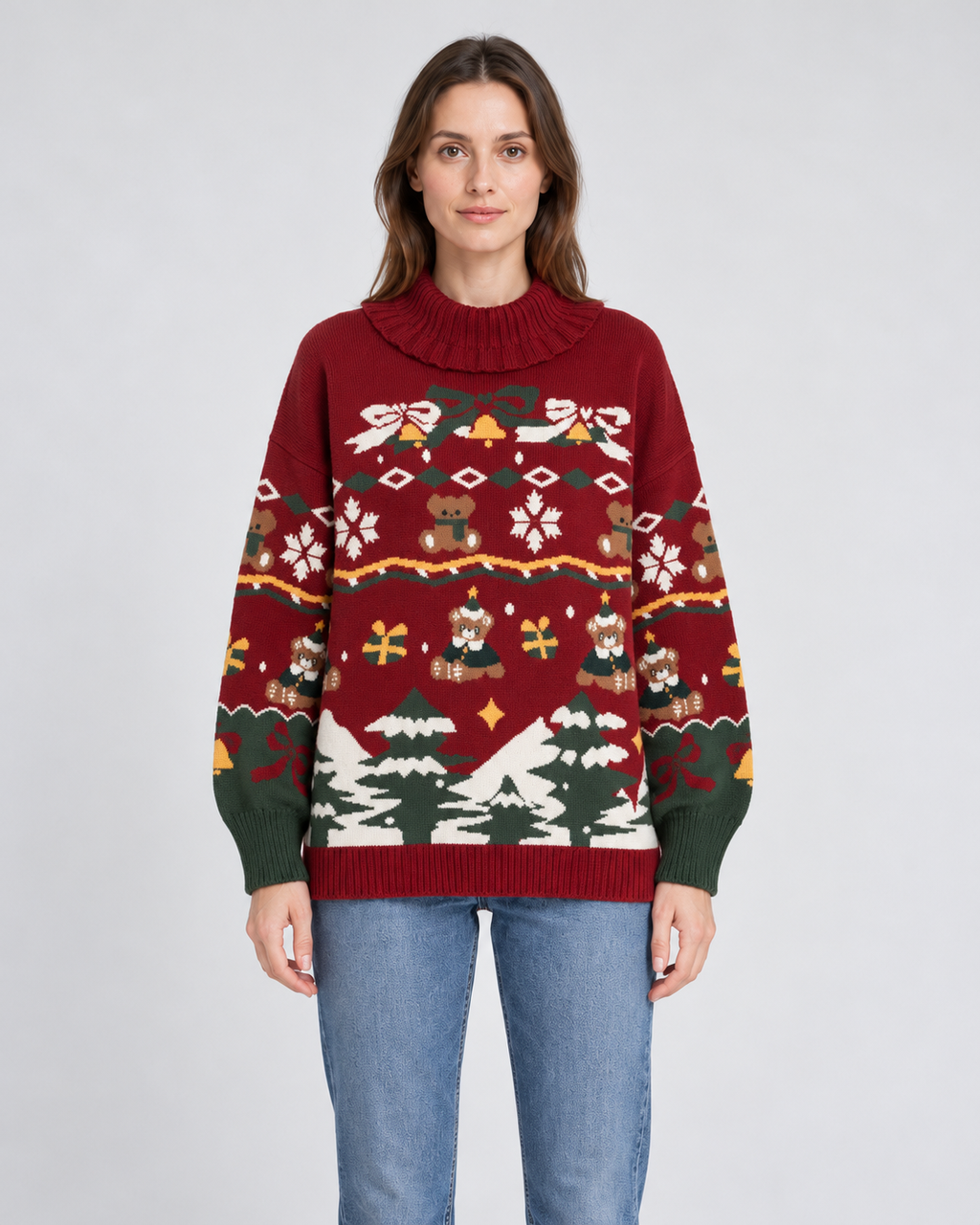 Womens Christmas Jumper Knitted Turtleneck Ruffled Festive Pattern