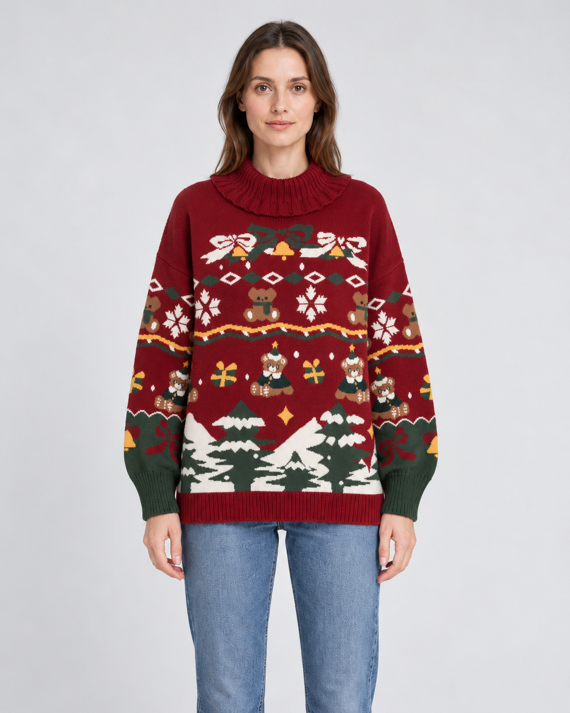 Womens Christmas Jumper Knitted Turtleneck Ruffled Festive Pattern