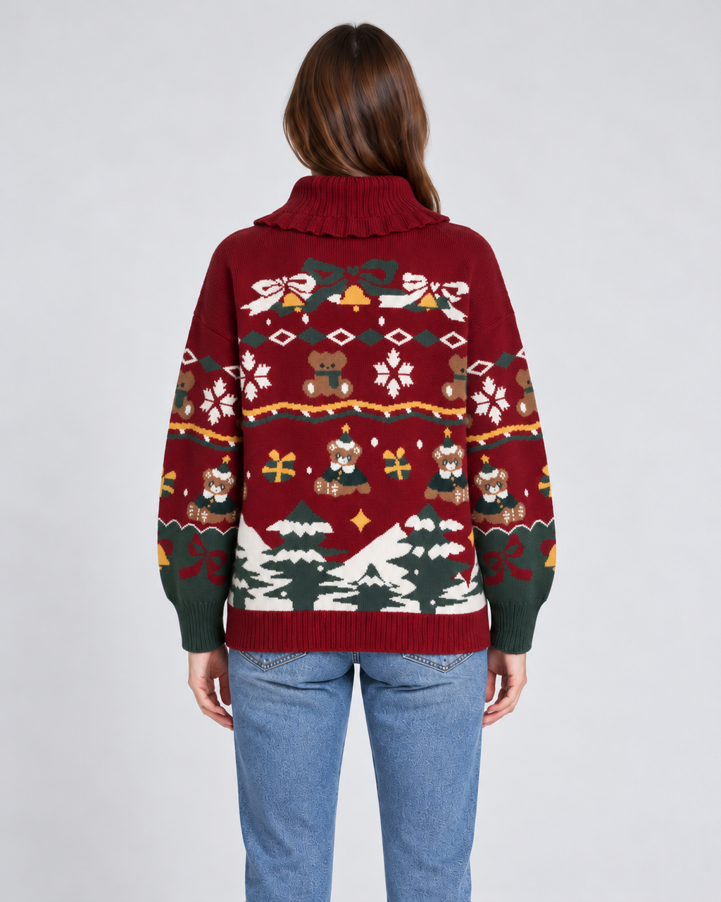 Womens Christmas Jumper Knitted Turtleneck Ruffled Festive Pattern — view 2 of 4