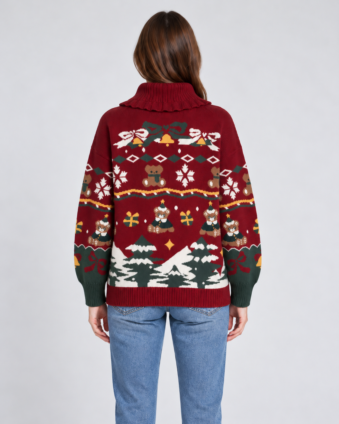 Womens Christmas Jumper Knitted Turtleneck Ruffled Festive Pattern — view 2 of 4