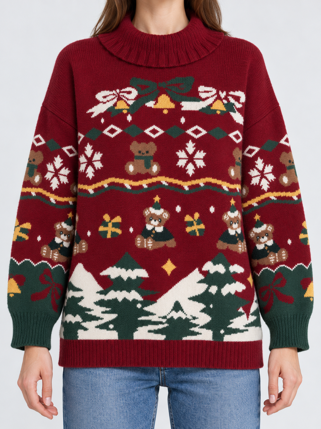 Womens Christmas Jumper Knitted Turtleneck Ruffled Festive Pattern — view 3 of 4