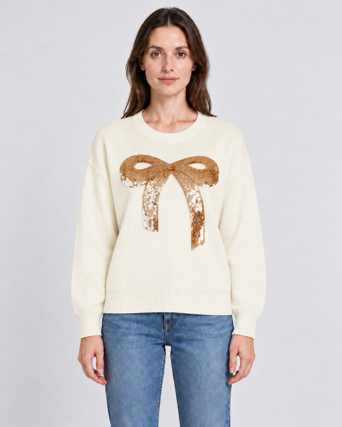 Womens Christmas Jumper Sequin Bow Knitted Crew Neck Long Sleeve