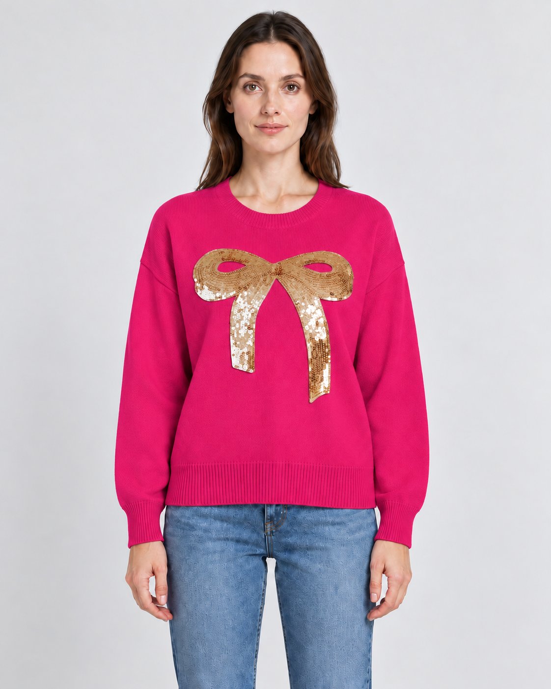 Womens Christmas Jumper Sequin Bow Knitted Crew Neck Long Sleeve — view 2 of 5