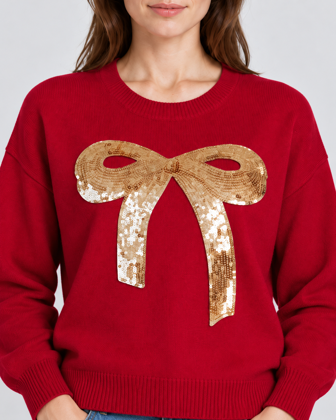 Womens Christmas Jumper Sequin Bow Knitted Crew Neck Long Sleeve — view 4 of 5