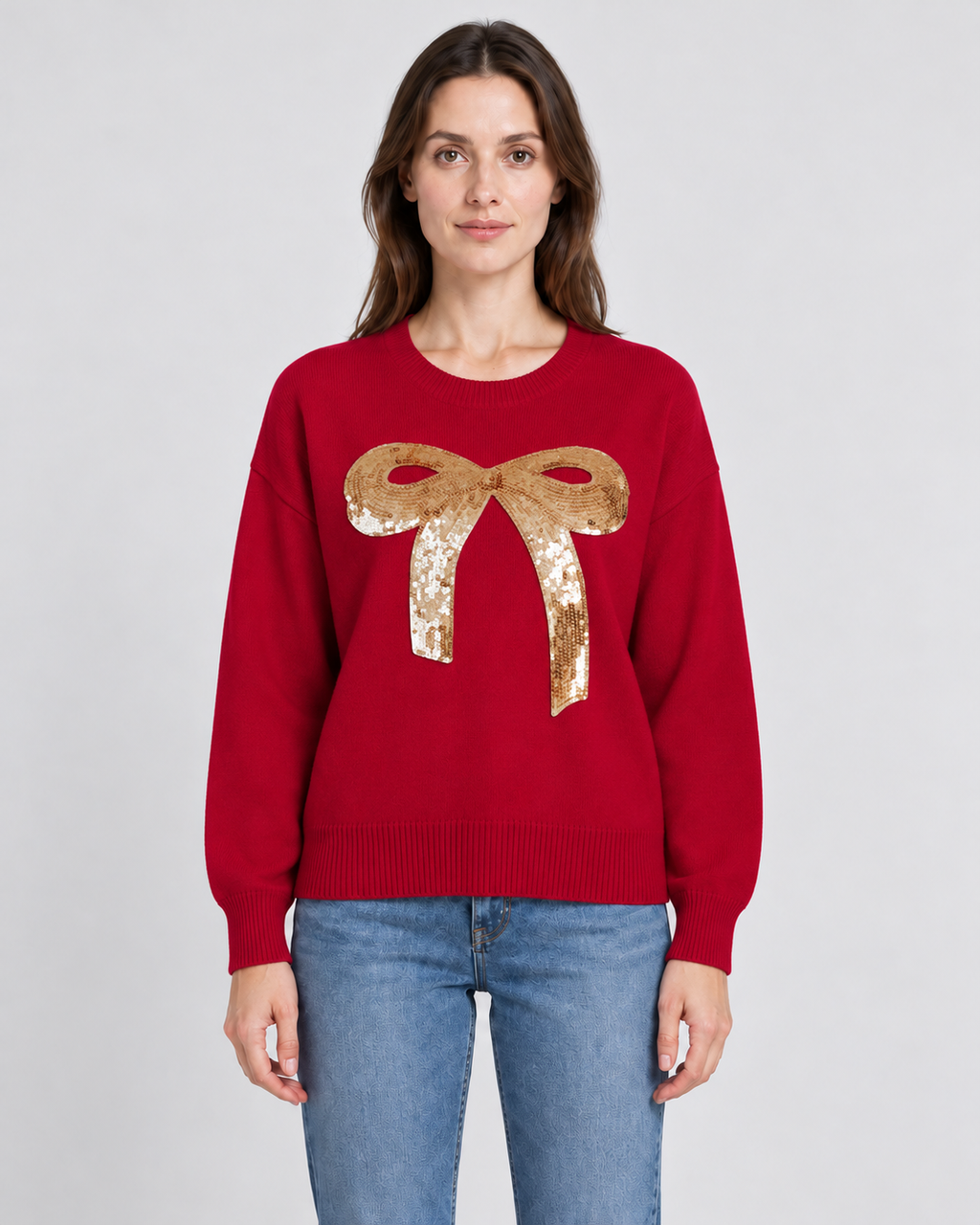 Womens Christmas Jumper Sequin Bow Knitted Crew Neck Long Sleeve — view 5 of 5