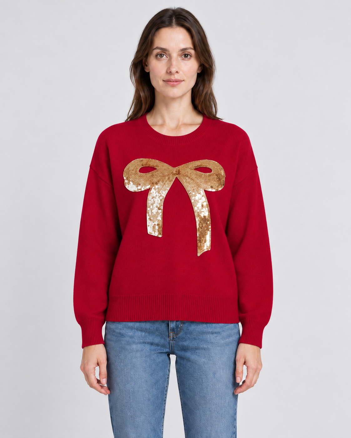 Womens Christmas Jumper Sequin Bow Knitted Crew Neck Long Sleeve — view 5 of 5